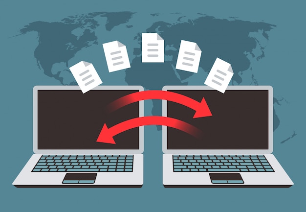 Troca de informações entre computadores. transferência de arquivos, gerenciamento de dados e arquivos de backup vector conceito Vetor Premium