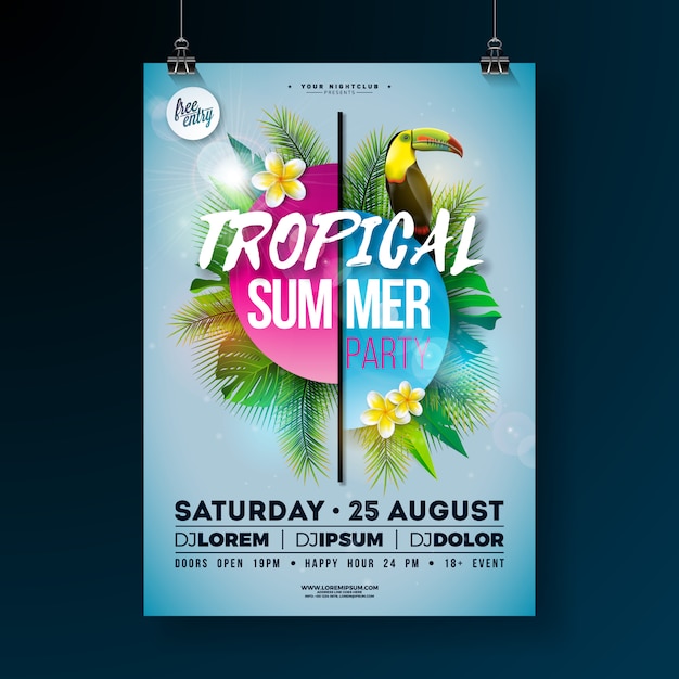 Tropical summer party flyer design com flor e tucano pássaro Vetor Premium