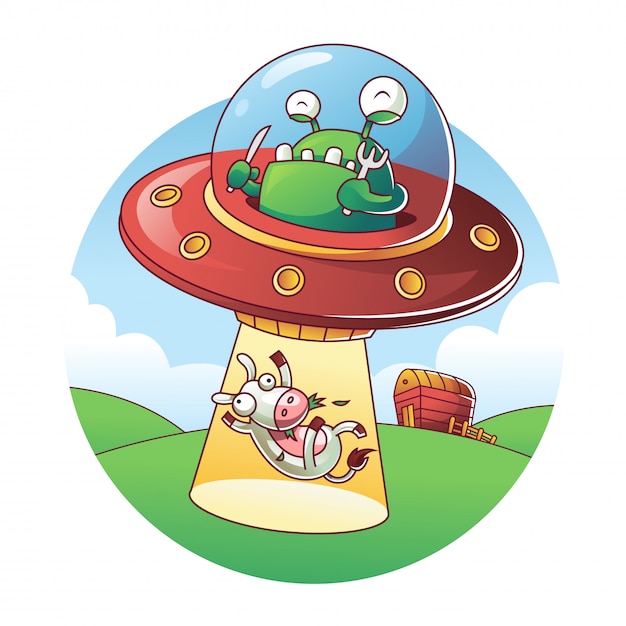Ufo raptando uma vaca Vetor Premium