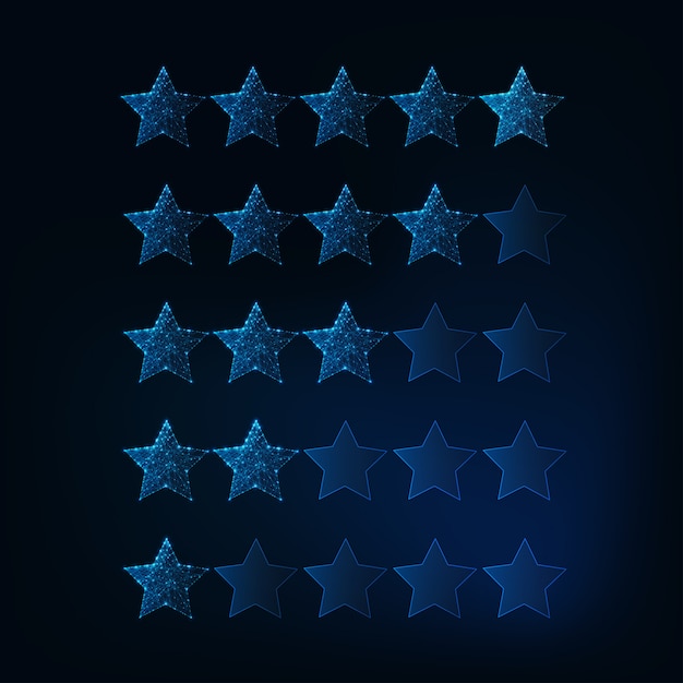 Um a cinco estrelas sistema de classificação. futurista brilhantes baixas estrelas poligonais. Vetor Premium