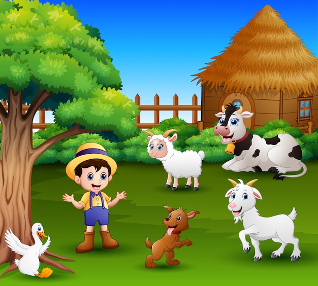 Um agricultor em sua fazenda com um monte de animais de fazenda Vetor Premium