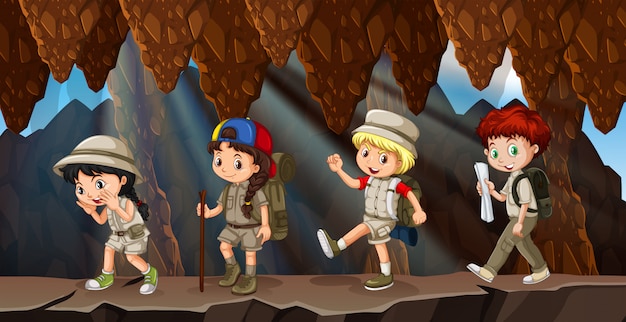 Um, grupo crianças, hiking, em, caverna Vetor Premium