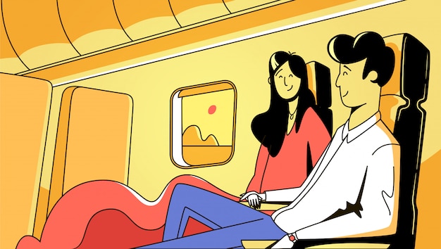 Um homem e uma menina estão sentados em um avião. | Vetor Premium