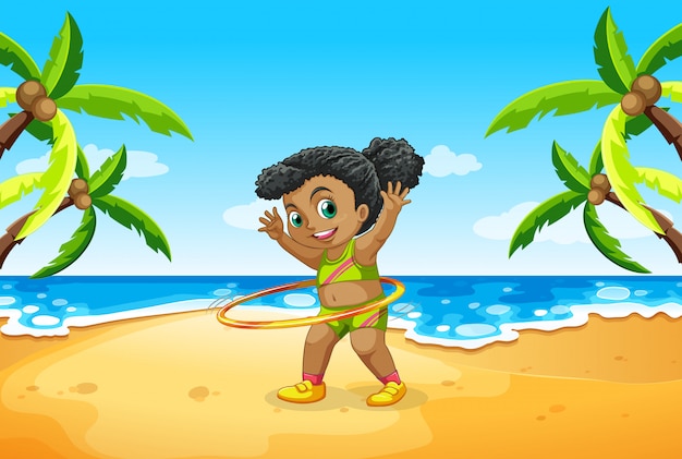 Um, menina, jogo, bambolê, praia Vetor grátis