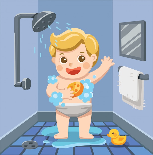 Um Menino Tomando Banho No Banheiro Com Muita Espuma De Sabão E Pato De