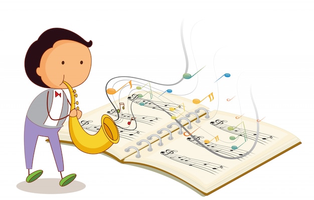 Um músico segurando uma trombeta com um caderno musical Vetor grátis