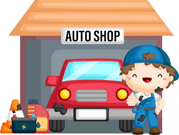 Um vetor de um carro na oficina com um mecânico Vetor Premium