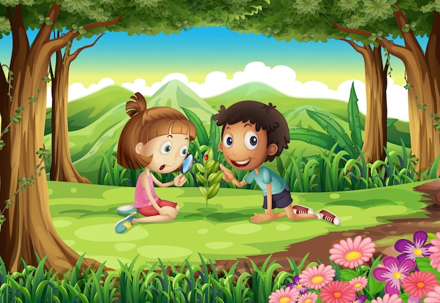 Uma floresta com dois filhos estudando a planta em crescimento com um bug Vetor grátis