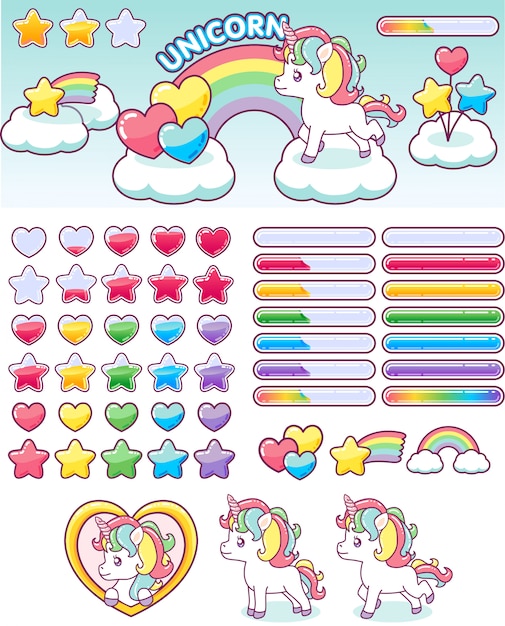 Unicorn rainbow icons ui design conjunto Vetor Premium