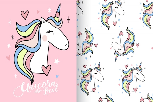 Unicórnio fofo de mão desenhada com padrão vector set Vetor Premium