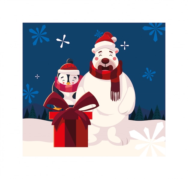 Urso polar e pinguim com caixa de presente na paisagem de inverno Vetor Premium