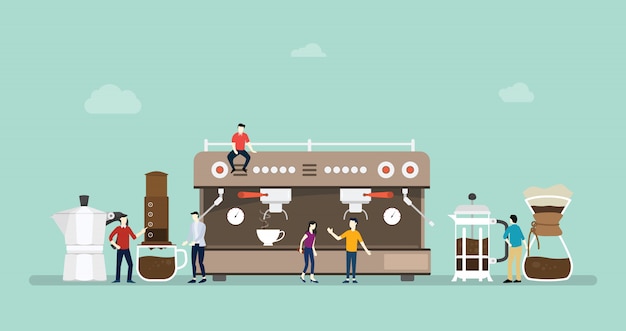 Várias máquinas de café com diferentes estilos e métodos Vetor Premium