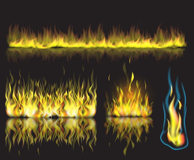 Vector a ilustração com grupo de chamas ardentes do fogo no fundo preto. Vetor Premium