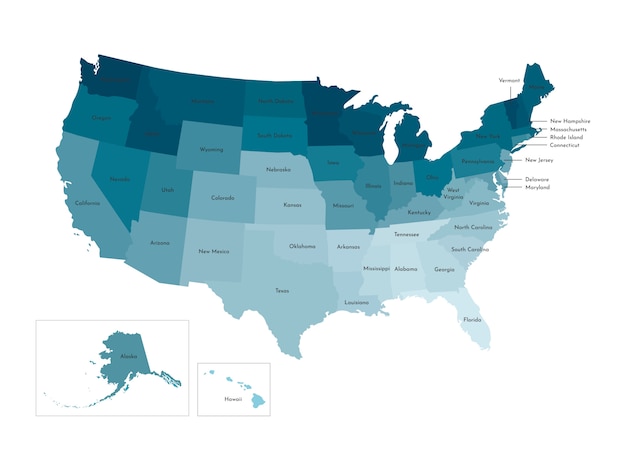 Vector a ilustração isolada do mapa administrativo simplificado dos eua (estados unidos da américa). fronteiras e nomes dos estados. silhuetas cáqui azuis coloridas Vetor Premium