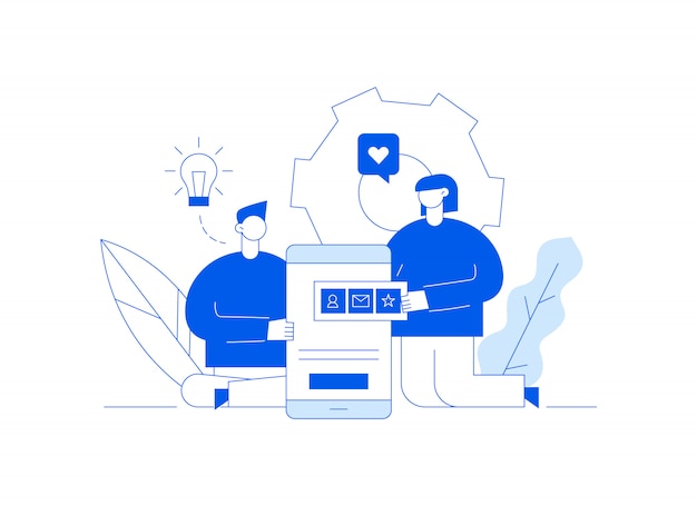 Vector aplicativo móvel ou ilustração de processo de desenvolvimento de site Vetor Premium