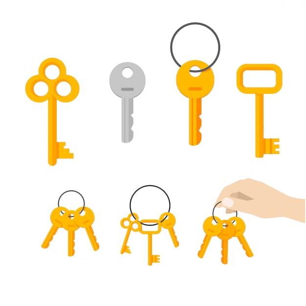 Vector conjunto de chaves ou chave pendurado no anel vector set plana dos desenhos animados Vetor Premium