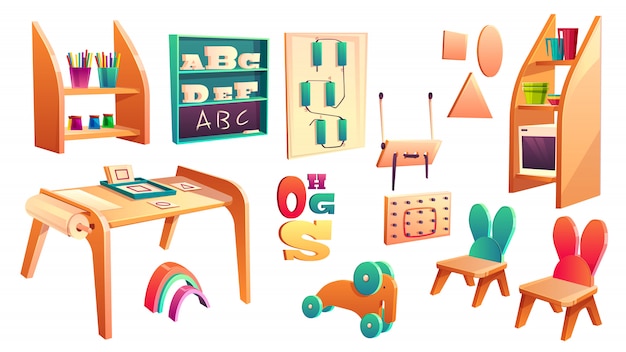 Vector conjunto montessori, elementos para a escola primária isolada no fundo branco. jardim de infância para Vetor grátis