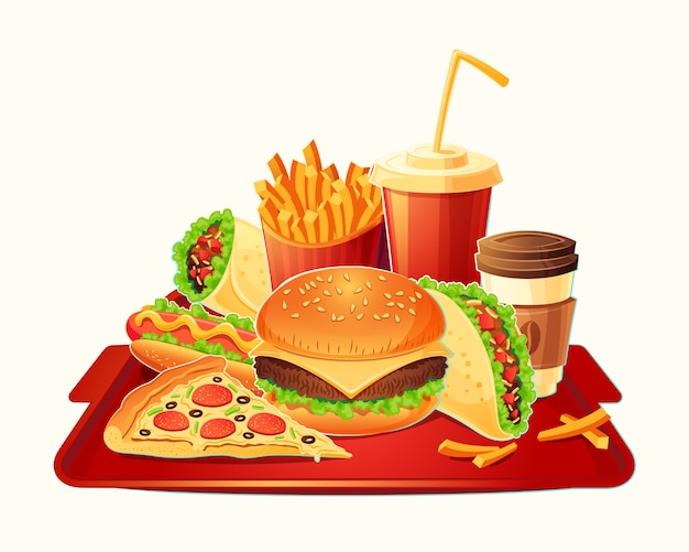Vector ilustração dos desenhos animados de um conjunto tradicional de comida rápida Vetor grátis Vector ilustração dos desenhos animados de um conjunto tradicional de comida rápida Vetor grátis
