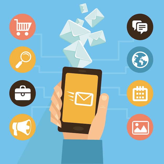 Vector mobile app - e-mail marketing e promoção - infográficos em estilo simples Vetor Premium