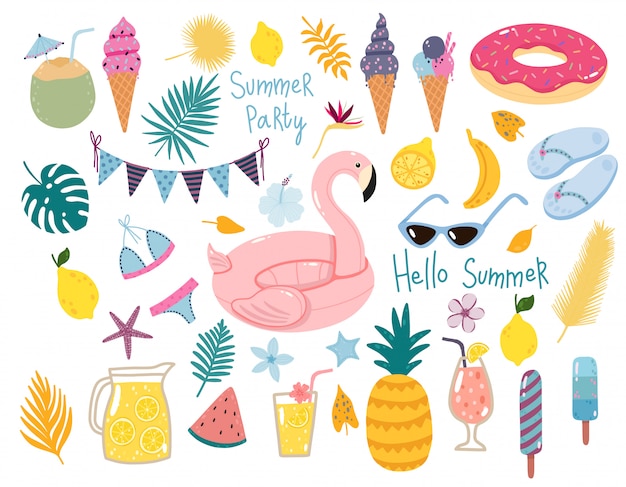 Vector verão conjunto com piscina flutua, cocktails, frutas tropicais, sorvetes, folhas de palmeira. Vetor Premium