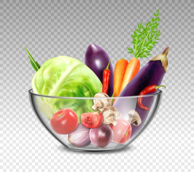 Vegetais realistas na tigela de vidro Vetor grátis