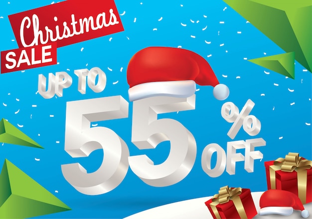 Venda de natal 55 por cento. fundo de venda de inverno com texto de gelo 3d com chapéu de papai noel Vetor Premium