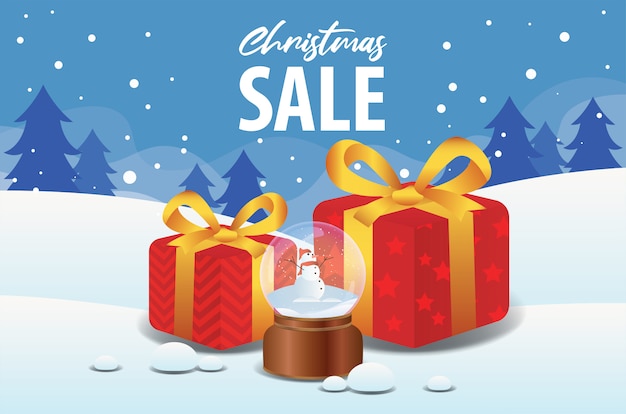 Venda de natal com bola de cristal e caixa de presente no fundo da paisagem de inverno Vetor Premium
