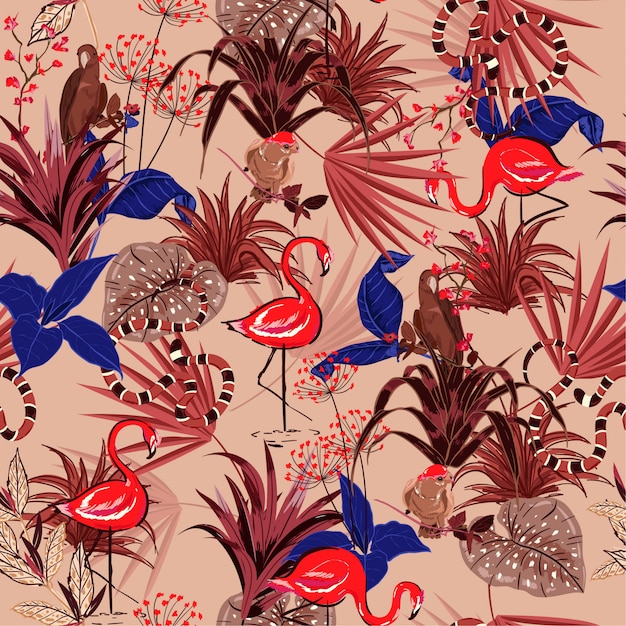 Verão vintage tropical flores padrão sem emenda Vetor Premium
