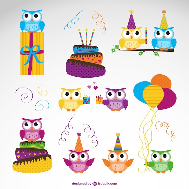 Vetor coruja conjunto aniversário Vetor grátis
