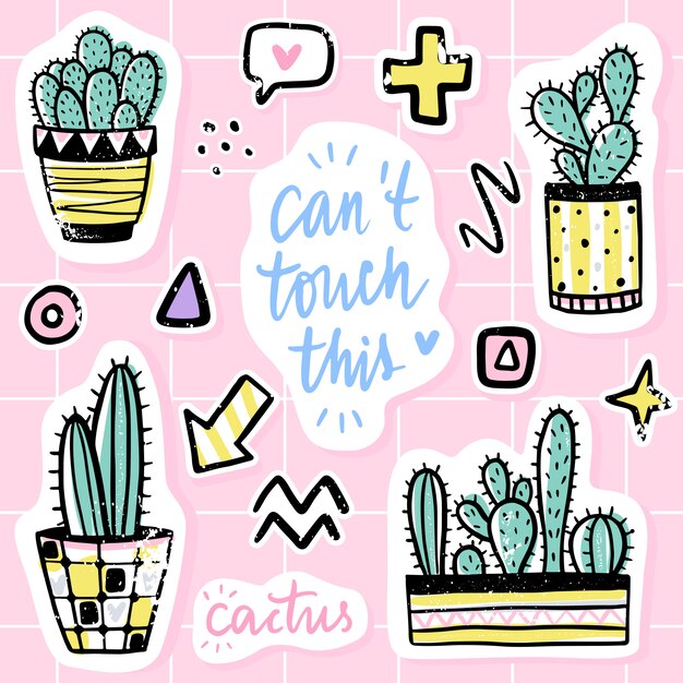 Vetor definido com cactos, frases positivas, elementos. cacto bonito do vetor Vetor Premium