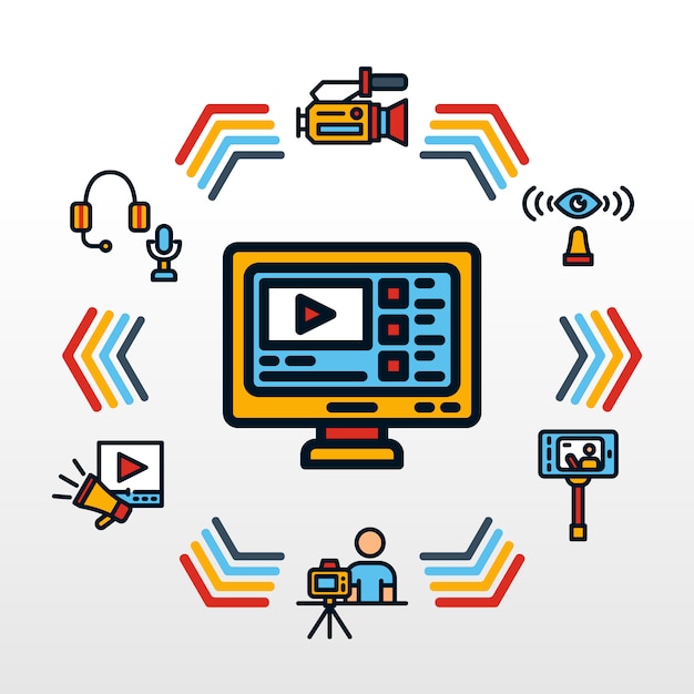 Vídeo blogger infográfico com retro ícone temático Vetor Premium