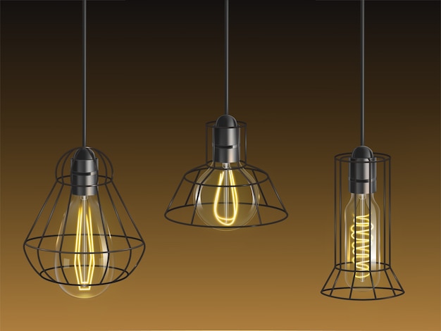 Vintage de forma diferente, lâmpadas incandescentes, lâmpadas retrô com filamento de fio aquecido Vetor grátis