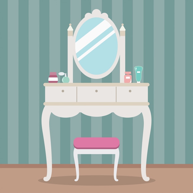 Vintage penteadeira com espelho, mesa, cadeira e cosméticos. ilustração em vetor estilo simples Vetor Premium