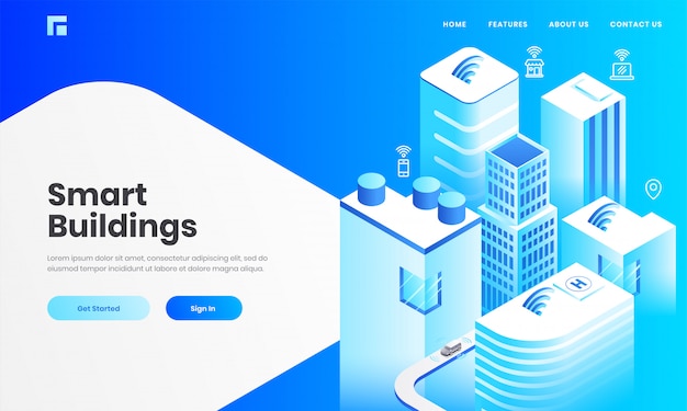 Vista isométrica de edifícios arranha-céus com dispositivos de tecnologia através da rede de internet para o conceito de edifício inteligente com base no design da página de destino. Vetor Premium