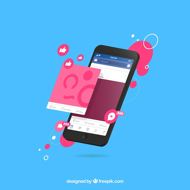 Vista isométrica do telefone móvel com notificações do facebook Vetor grátis