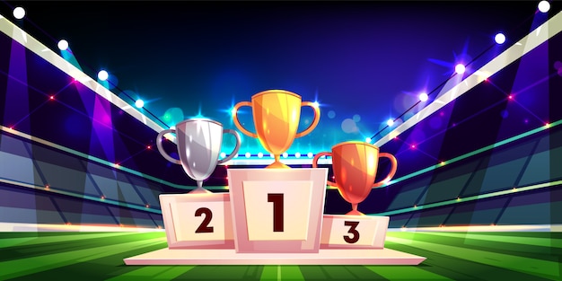 Vitória no conceito de desenho animado de competição de esportes com troféus de copa de ouro, prata e bronze Vetor grátis