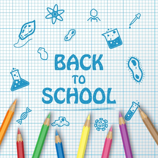 Volta para o texto de escola de desenho no gráfico de papel com itens de escola e elementos e lápis de cor Vetor Premium