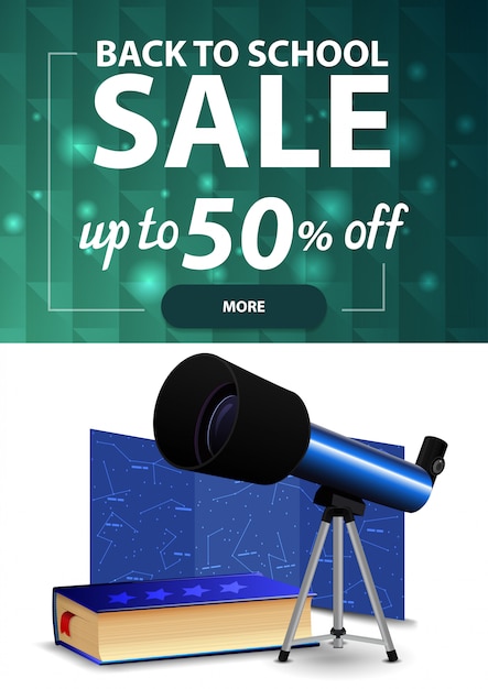 Voltar para a venda de escola, banner de desconto vertical web com textura poligonal, telescópio, um mapa das constelações e a enciclopédia da astronomia Vetor Premium