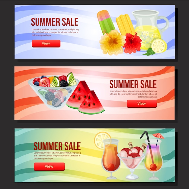 Web colorida da bandeira da venda do verão três com ilustração do vetor do refresco Vetor Premium