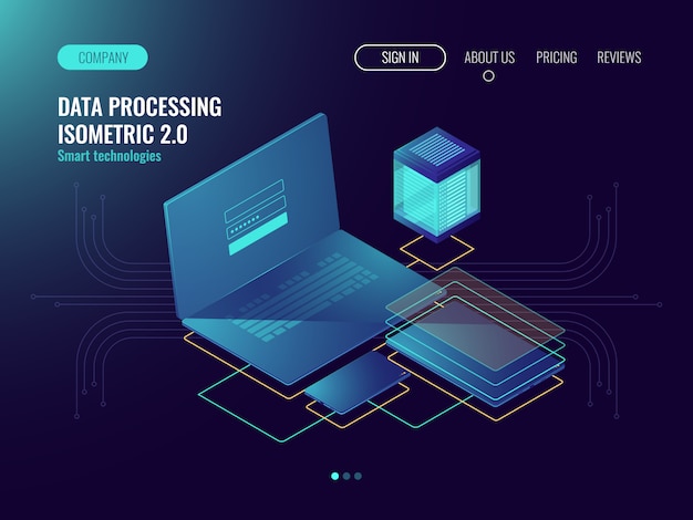 Web hosting, conceito de laboratório de desenvolvimento de interface de usuário, armazenamento de dados na nuvem Vetor grátis
