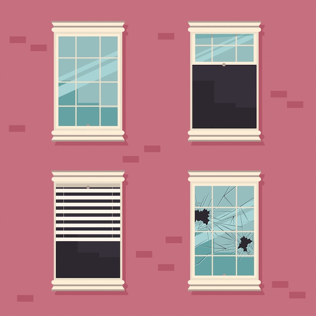 Windows quebrado, aberto, fechado e com cortinas em uma ilustração dos desenhos animados do vetor da parede de tijolo. Vetor Premium