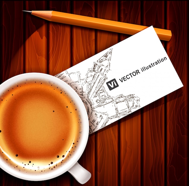 Xícara de café com cartão e lápis sobre uma mesa de madeira. Vetor Premium