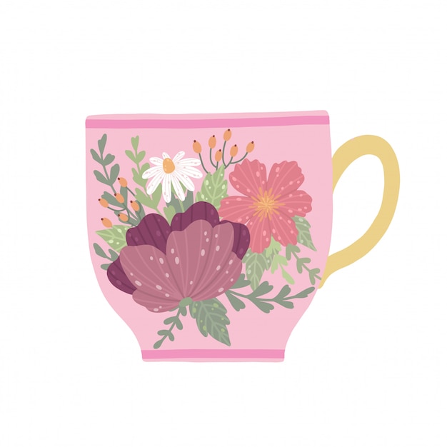 Xícara de chá bonita com flor e folhas isoladas no fundo branco. Vetor Premium