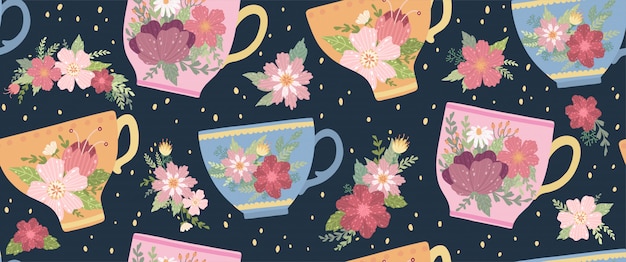 Xícara de chá bonita com flor e folhas padrão sem emenda. caneca elegante vector. Vetor Premium