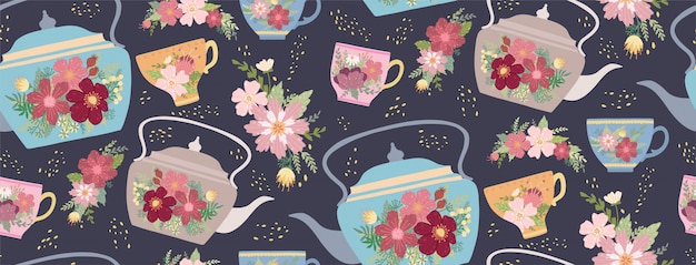Xícara de chá e bule bonitos com flor e folhas do teste padrão sem emenda. Vetor Premium
