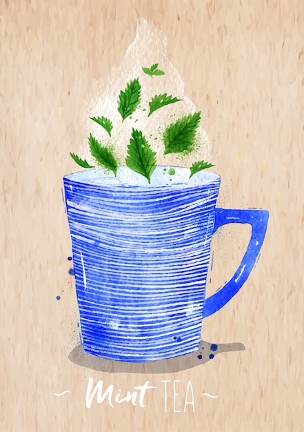 Xícara de chá em aquarela com chá de hortelã de desenho em fundo de papel kraft Vetor Premium