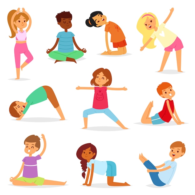 Yoga Crianças Vector Jovem Criança Iogue Personagem Treinamento Esporte Exercício Ilustração 0770