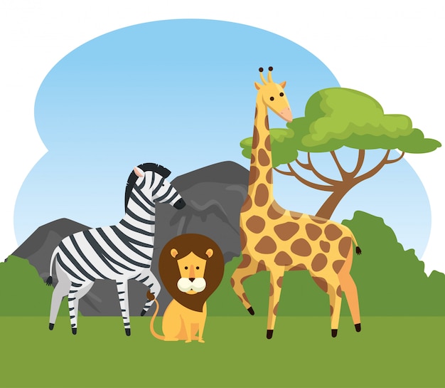 Zebra com animais selvagens de leão e girafa Vetor grátis