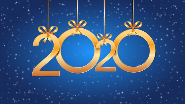 2020 felice anno nuovo con pendenti numeri dorati, fiocchi e neve sul blu Vettore Premium