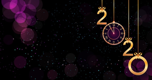 2020 happy new year sfondo viola con effetto bokeh, appesi numeri d'oro, fiocchi e orologio vintage. Vettore Premium